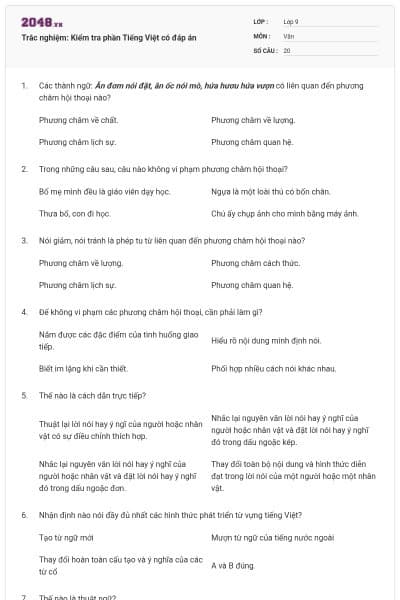 Trắc nghiệm: Kiểm tra phần Tiếng Việt có đáp án