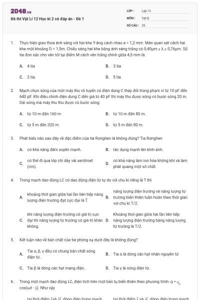 Đề thi Vật Lí 12 Học kì 2 có đáp án - Đề 1