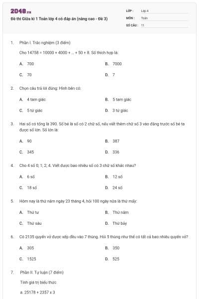 Đề thi Giữa kì 1 Toán lớp 4 có đáp án (nâng cao - Đề 3)