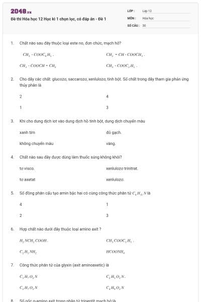 Đề thi Hóa học 12 Học kì 1 chọn lọc, có đáp án - Đề 1