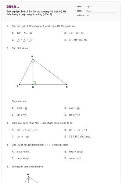 Trắc nghiệm Toán 9 Bài Ôn tập chương (có đáp án): Hệ thức lượng trong tam giác vuông (phần 2)