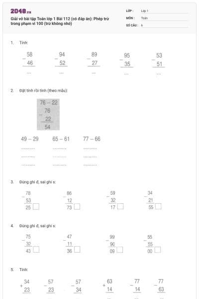Giải vở bài tập Toán lớp 1 Bài 112 (có đáp án): Phép trừ trong phạm vi 100 (trừ không nhớ)