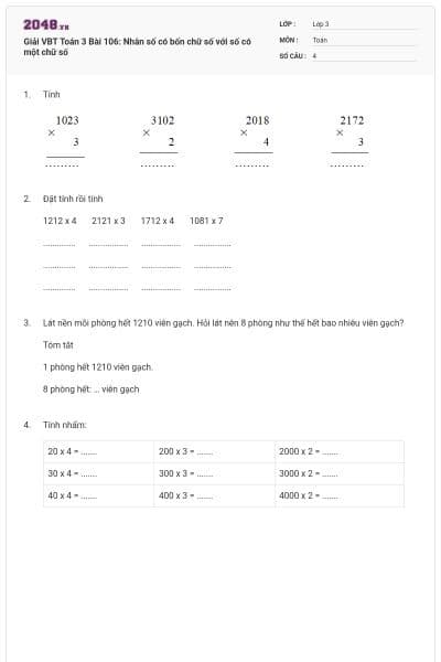 Giải VBT Toán 3 Bài 106: Nhân số có bốn chữ số với số có một chữ số