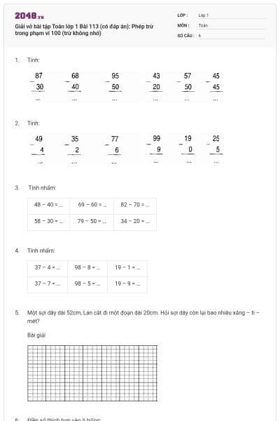 Giải vở bài tập Toán lớp 1 Bài 113 (có đáp án): Phép trừ trong phạm vi 100 (trừ không nhớ)