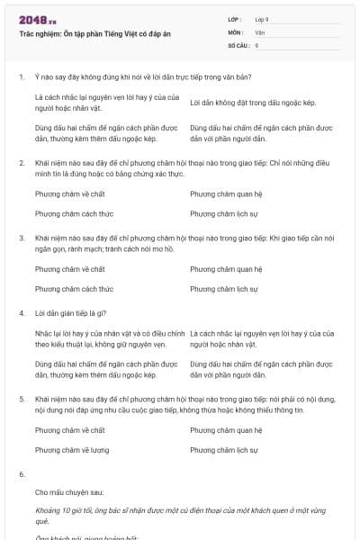 Trắc nghiệm: Ôn tập phần Tiếng Việt có đáp án