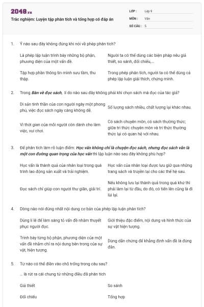 Trắc nghiệm: Luyện tập phân tích và tổng hợp có đáp án