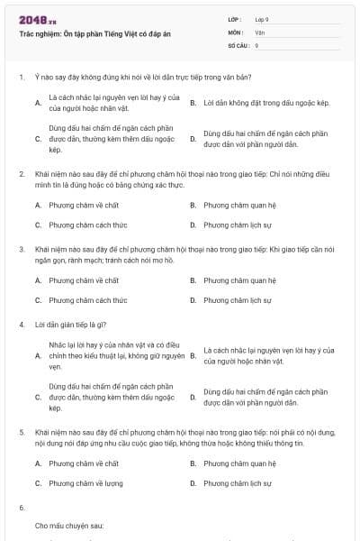 Trắc nghiệm: Ôn tập phần Tiếng Việt có đáp án