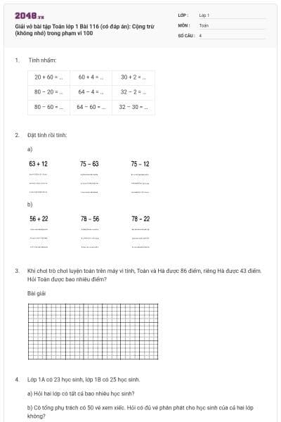 Giải vở bài tập Toán lớp 1 Bài 116 (có đáp án): Cộng trừ (không nhớ) trong phạm vi 100