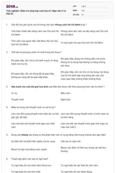 Trắc nghiệm: Kiểm tra tổng hợp cuối học kì I Ngữ văn 9 có đáp án