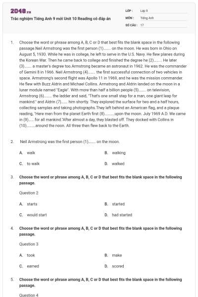 Trắc nghiệm Tiếng Anh 9 mới Unit 10 Reading có đáp án