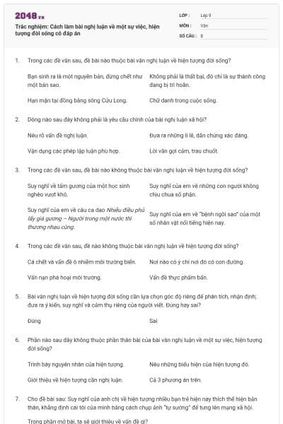 Trắc nghiệm: Cách làm bài nghị luận về một sự việc, hiện tượng đời sống có đáp án