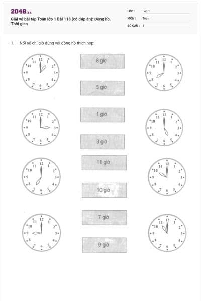 Giải vở bài tập Toán lớp 1 Bài 118 (có đáp án): Đồng hồ. Thời gian