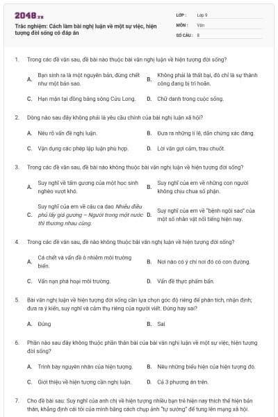 Trắc nghiệm: Cách làm bài nghị luận về một sự việc, hiện tượng đời sống có đáp án