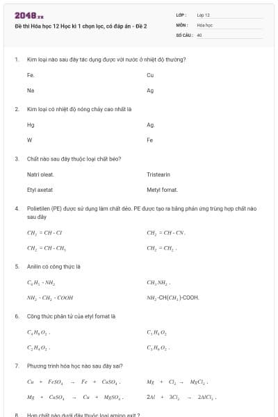 Đề thi Hóa học 12 Học kì 1 chọn lọc, có đáp án - Đề 2