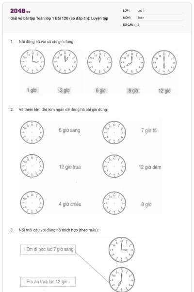 Giải vở bài tập Toán lớp 1 Bài 120 (có đáp án): Luyện tập