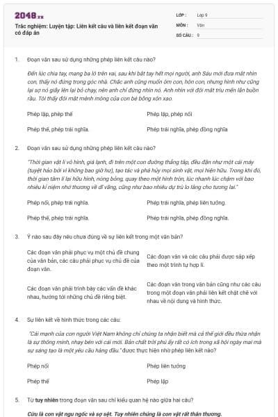 Trắc nghiệm: Luyện tập: Liên kết câu và liên kết đoạn văn có đáp án