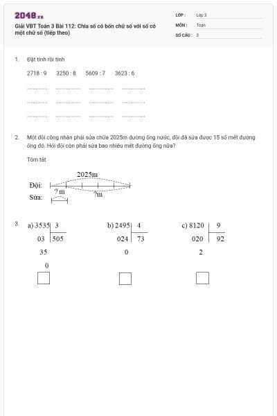 Giải VBT Toán 3 Bài 112: Chia số có bốn chữ số với số có một chữ số (tiếp theo)