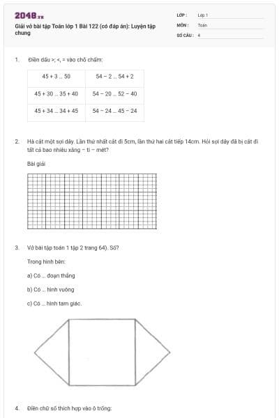 Giải vở bài tập Toán lớp 1 Bài 122 (có đáp án): Luyện tập chung