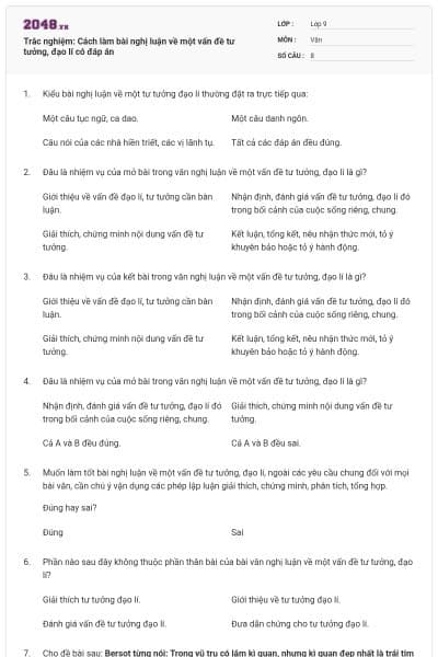 Trắc nghiệm: Cách làm bài nghị luận về một vấn đề tư tưởng, đạo lí có đáp án