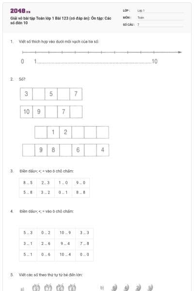 Giải vở bài tập Toán lớp 1 Bài 123 (có đáp án): Ôn tập: Các số đến 10