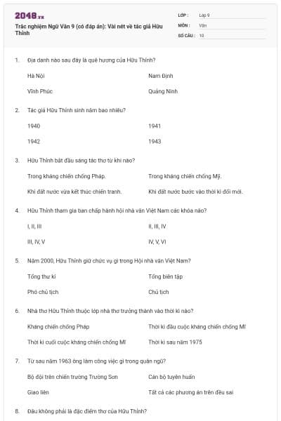 Trắc nghiệm Ngữ Văn 9 (có đáp án): Vài nét về tác giả Hữu Thỉnh