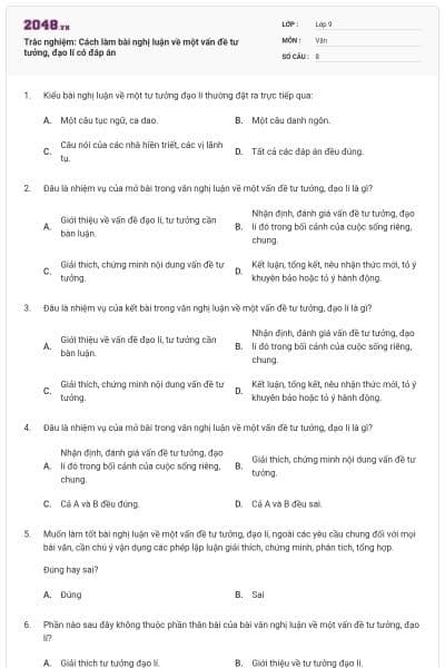 Trắc nghiệm: Cách làm bài nghị luận về một vấn đề tư tưởng, đạo lí có đáp án