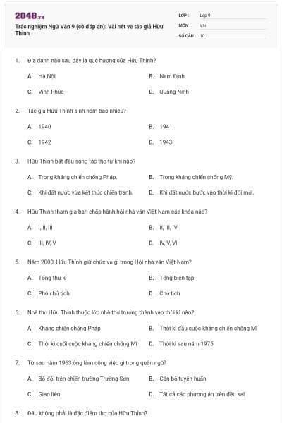 Trắc nghiệm Ngữ Văn 9 (có đáp án): Vài nét về tác giả Hữu Thỉnh
