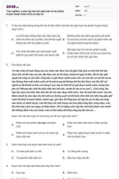 Trắc nghiệm: Luyện tập làm bài nghị luận về tác phẩm truyện (hoặc đoạn trích) có đáp án