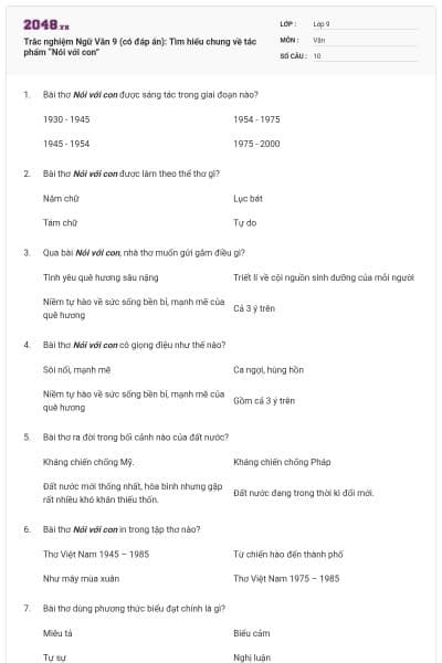 Trắc nghiệm Ngữ Văn 9 (có đáp án): Tìm hiểu chung về tác phẩm “Nói với con”