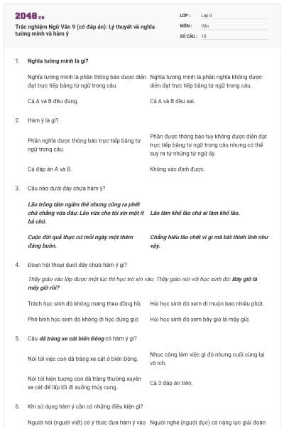 Trắc nghiệm Ngữ Văn 9 (có đáp án): Lý thuyết về nghĩa tường minh và hàm ý
