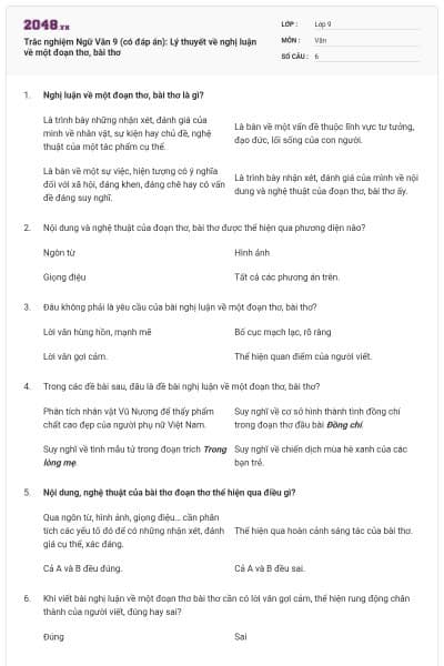 Trắc nghiệm Ngữ Văn 9 (có đáp án): Lý thuyết về nghị luận về một đoạn thơ, bài thơ