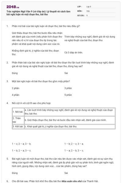 Trắc nghiệm Ngữ Văn 9 (có đáp án): Lý thuyết về cách làm bài nghị luận về một đoạn thơ, bài thơ
