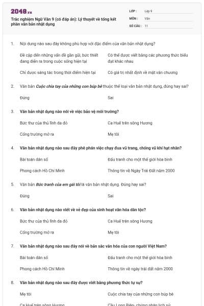 Trắc nghiệm Ngữ Văn 9 (có đáp án): Lý thuyết về tổng kết phần văn bản nhật dụng