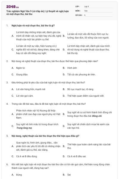Trắc nghiệm Ngữ Văn 9 (có đáp án): Lý thuyết về nghị luận về một đoạn thơ, bài thơ