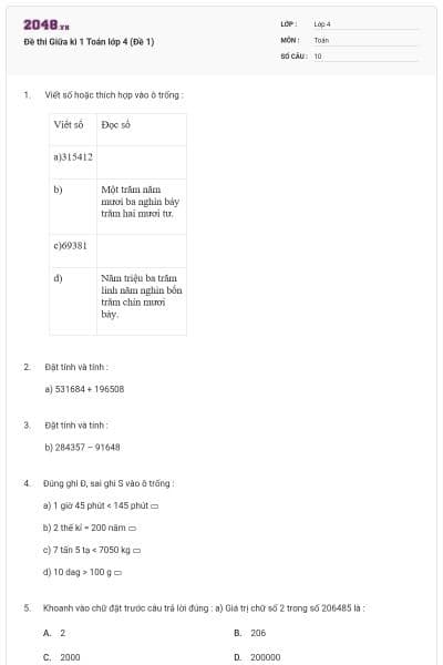 Đề thi Giữa kì 1 Toán lớp 4 (Đề 1)