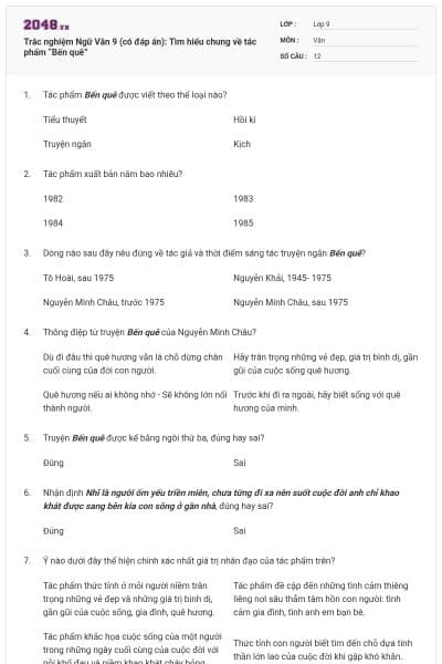 Trắc nghiệm Ngữ Văn 9 (có đáp án): Tìm hiểu chung về tác phẩm “Bến quê”