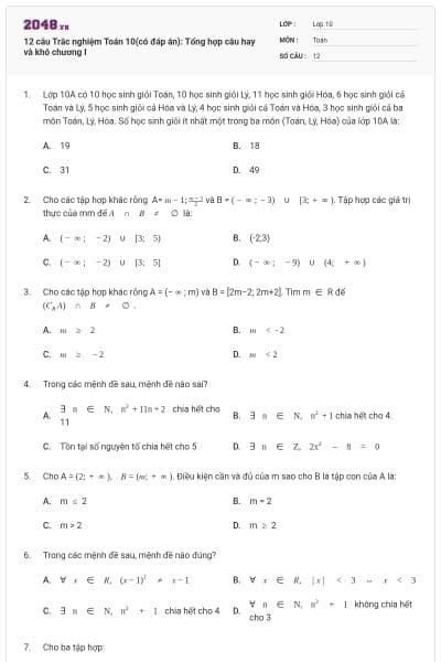 12 câu Trắc nghiệm Toán 10(có đáp án): Tổng hợp câu hay và khó chương I