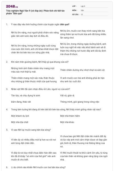 Trắc nghiệm Ngữ Văn 9 (có đáp án): Phân tích chi tiết tác phẩm “Bến quê”
