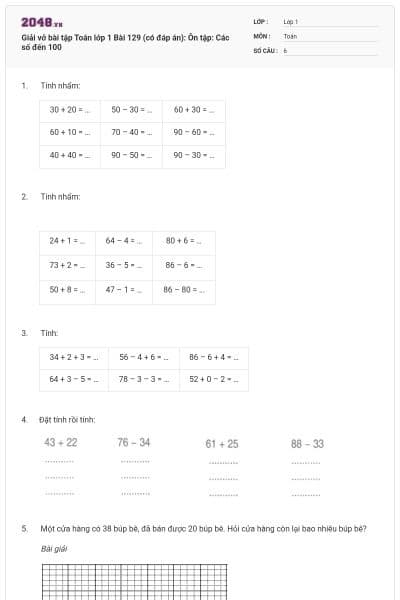 Giải vở bài tập Toán lớp 1 Bài 129 (có đáp án): Ôn tập: Các số đến 100