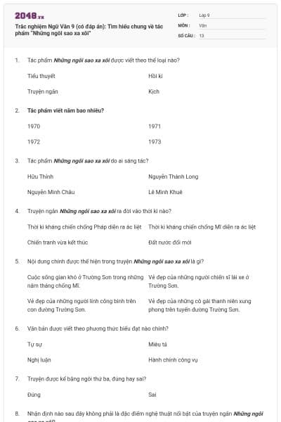 Trắc nghiệm Ngữ Văn 9 (có đáp án): Tìm hiểu chung về tác phẩm “Những ngôi sao xa xôi”