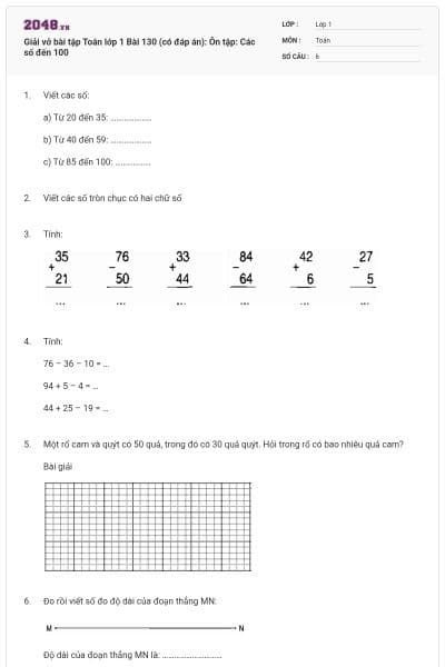 Giải vở bài tập Toán lớp 1 Bài 130 (có đáp án): Ôn tập: Các số đến 100