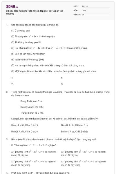 28 câu  Trắc nghiệm Toán 10(có đáp án): Bài tập ôn tập chương I