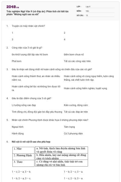 Trắc nghiệm Ngữ Văn 9 (có đáp án): Phân tích chi tiết tác phẩm “Những ngôi sao xa xôi”