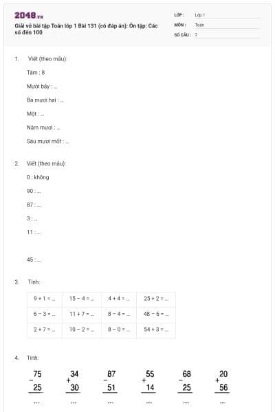 Giải vở bài tập Toán lớp 1 Bài 131 (có đáp án): Ôn tập: Các số đến 100