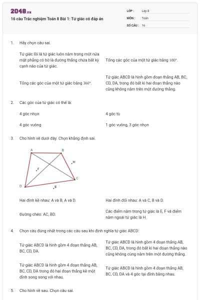 16 câu Trắc nghiệm Toán 8 Bài 1: Tứ giác có đáp án