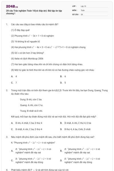 28 câu  Trắc nghiệm Toán 10(có đáp án): Bài tập ôn tập chương I