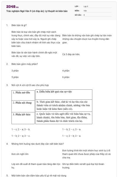 Trắc nghiệm Ngữ Văn 9 (có đáp án): Lý thuyết về biên bản
