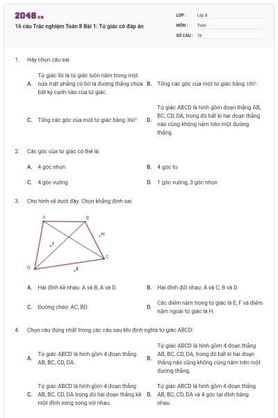 16 câu Trắc nghiệm Toán 8 Bài 1: Tứ giác có đáp án