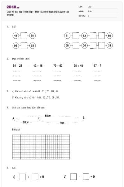 Giải vở bài tập Toán lớp 1 Bài 132 (có đáp án): Luyện tập chung