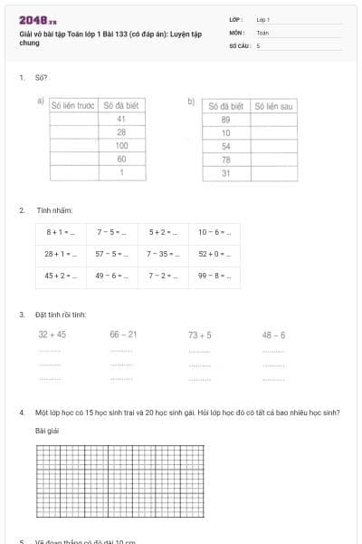 Giải vở bài tập Toán lớp 1 Bài 133 (có đáp án): Luyện tập chung